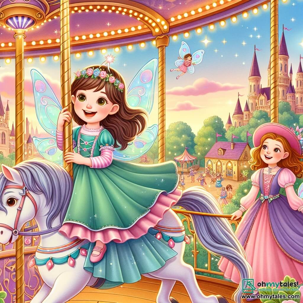 Une illustration destinée aux enfants représentant une jeune fille déguisée en fée, s'amusant sur un carrousel enchanté avec sa mère, dans une ville lumineuse et colorée lors d'un carnaval magique.