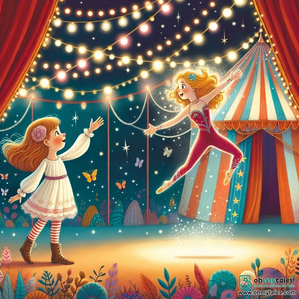 Une illustration destinée aux enfants représentant une jeune fille émerveillée par une acrobate audacieuse, dans un cirque magique aux tentes colorées et aux lumières scintillantes.