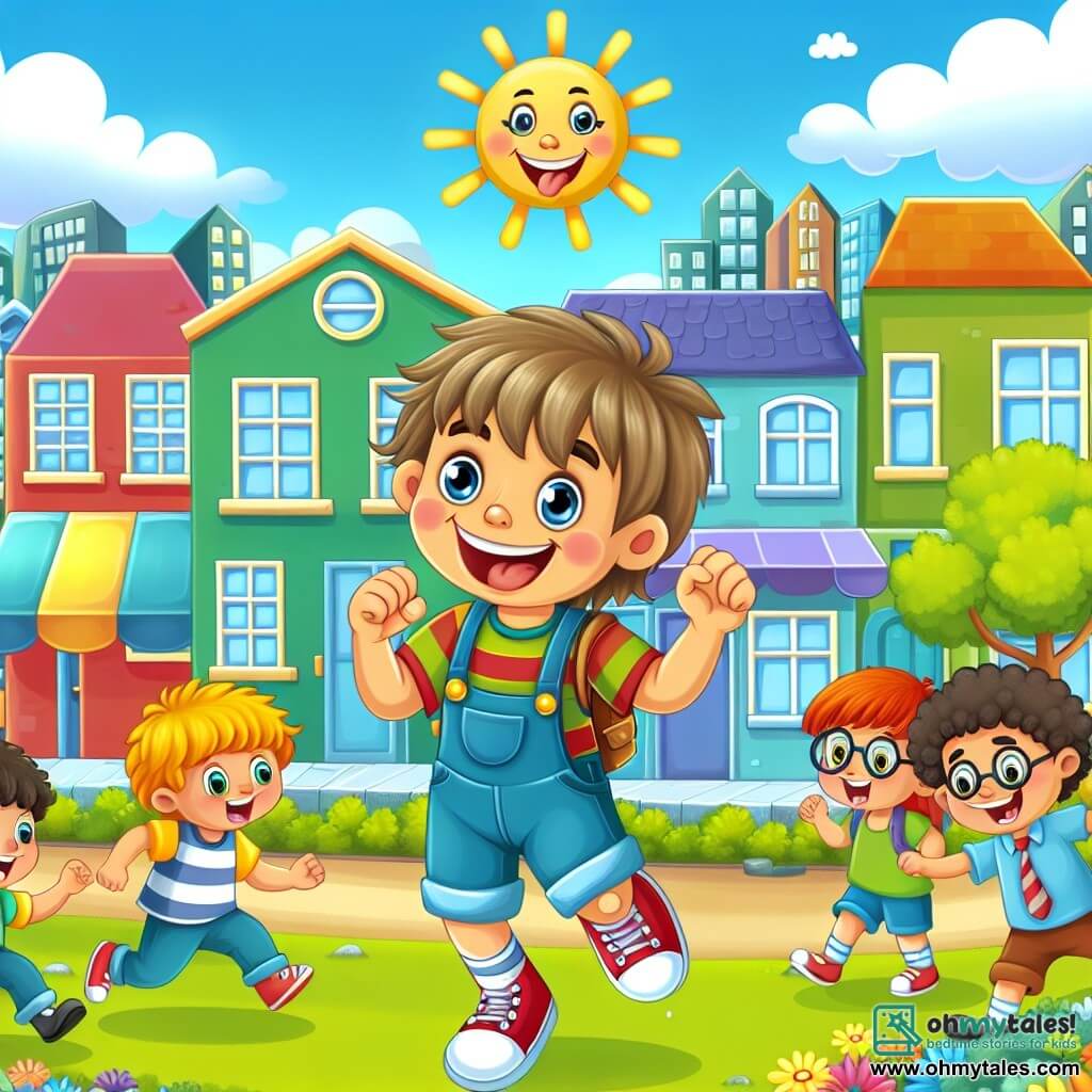 Une illustration destinée aux enfants représentant un garçon espiègle et plein d'énergie, accompagné de ses meilleurs amis, vivant des aventures hilarantes dans une petite ville ensoleillée remplie de rues colorées et d'un parc verdoyant.