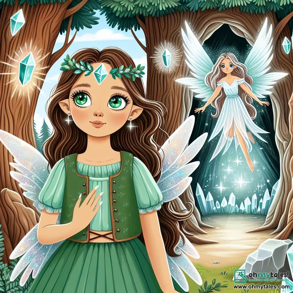 Une illustration destinée aux enfants représentant une femme aux yeux brillants comme des émeraudes se tenant devant un arbre enchanté qui cache un passage secret, accompagnée par un être de lumière aux ailes d'argent, dans une forêt magique aux arbres qui murmurent des secrets et aux cristaux iridescents étincelants sous le soleil.