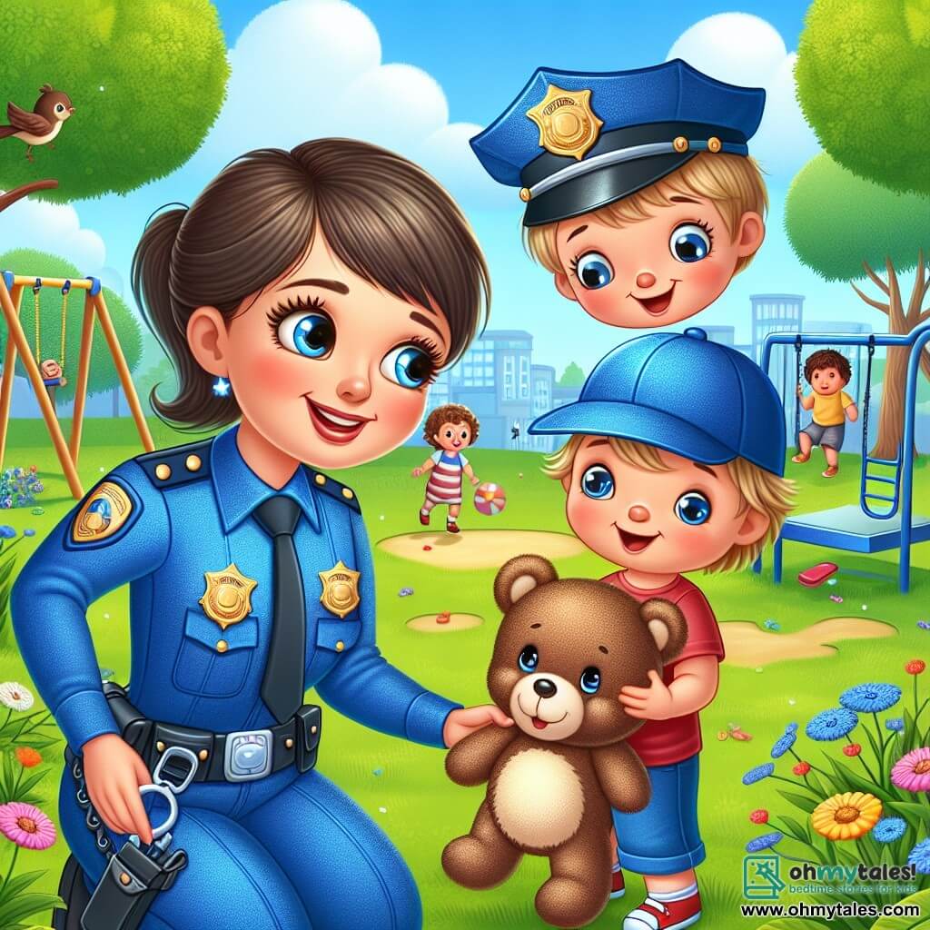 An illustration depicting a sunny park with lush trees and colorful flowers. In the center, a smiling policewoman in a shiny blue uniform and hat bends down to pick up a teddy bear. She has brown hair tied in a ponytail and a sparkling badge on her chest. Next to her, a little boy about 5 years old, with messy blonde hair and a red t-shirt, looks at the bear with sparkling eyes of joy. He reaches out his arms towards the policewoman, ready to retrieve his precious toy. In the background, other children play on swings and slides, adding a cheerful and lively atmosphere to the scene. Birds are singing in the trees, and a small dog runs joyfully near them.