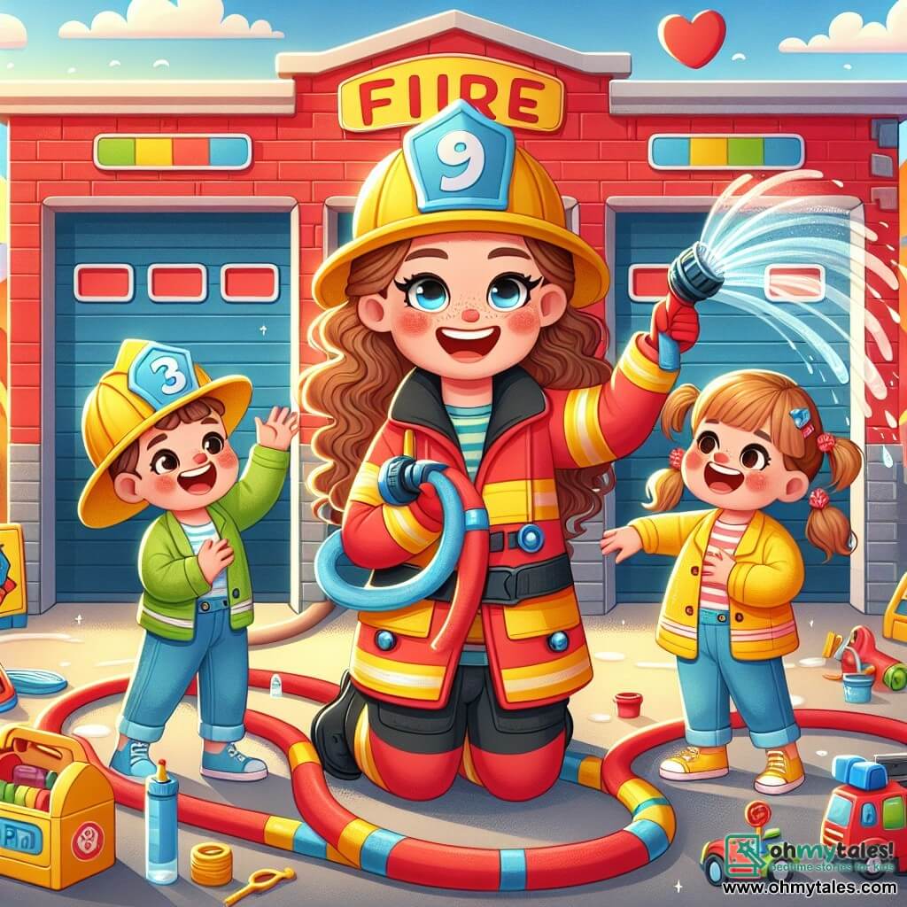 Une illustration sous forme de dessin destinée aux enfants représentant une scène ensoleillée devant une caserne de pompiers rouge vif, où une femme courageuse aux cheveux bruns bouclés, portant un casque jaune et une tenue de pompier, montre avec enthousiasme un tuyau d'incendie à deux enfants : un garçon aux yeux pétillants et une fille aux pigtails, tous deux habillés en mini-pompiers, tandis qu'ils rient et s'apprêtent à s'entraîner à éteindre un feu imaginaire, entourés de jouets de pompier et de panneaux de sécurité colorés.