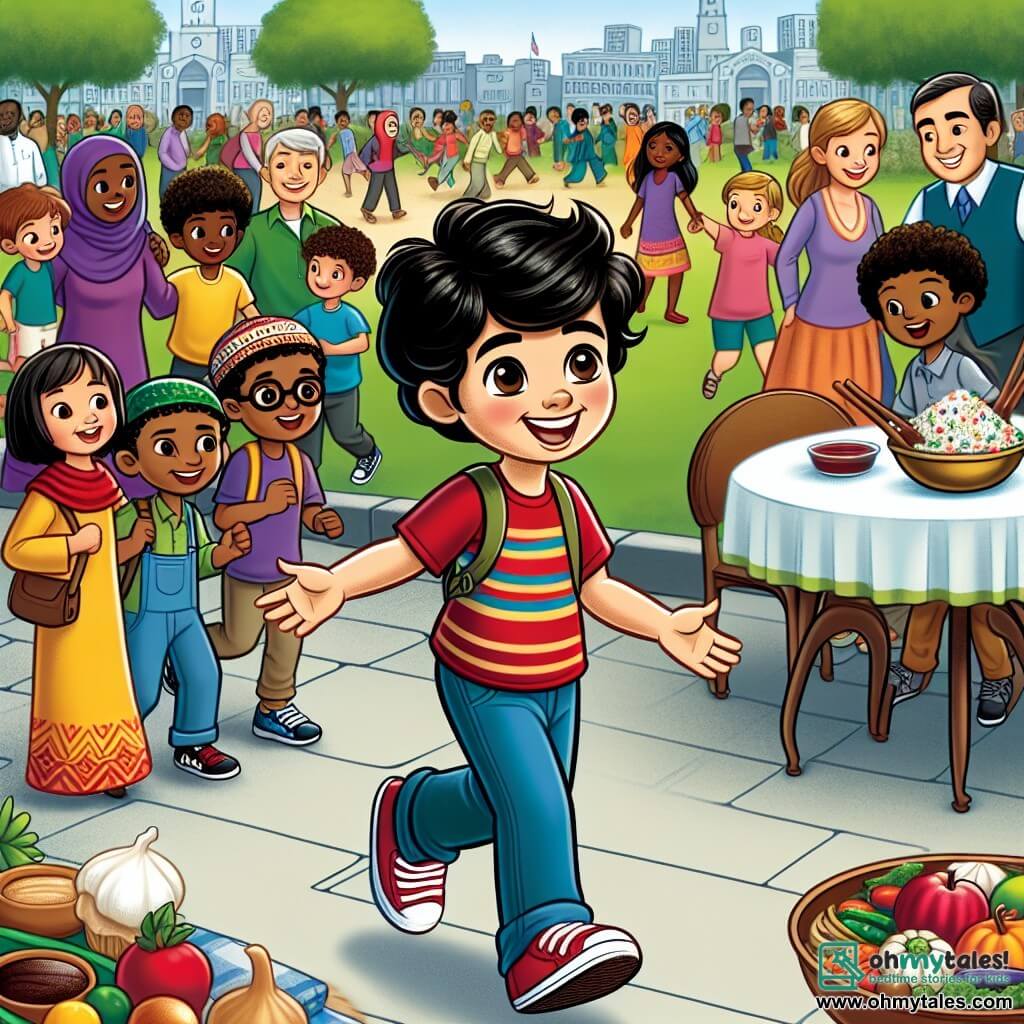 Une illustration sous forme de dessin destinée aux enfants représentant un parc vibrant de Maplewood, rempli de familles de différentes cultures, avec un garçon de 11 ans aux cheveux noirs bouclés et aux yeux marron, souriant joyeusement alors qu'il invite un nouvel ami, un garçon aux cheveux blonds et à la peau claire, à rejoindre un groupe d'enfants jouant ensemble, tandis qu'une fille aux lunettes épaisses et à la peau brune, vêtue d'une robe colorée, danse à côté d'une table remplie de plats internationaux, symbolisant la diversité et l'unité de leur communauté.