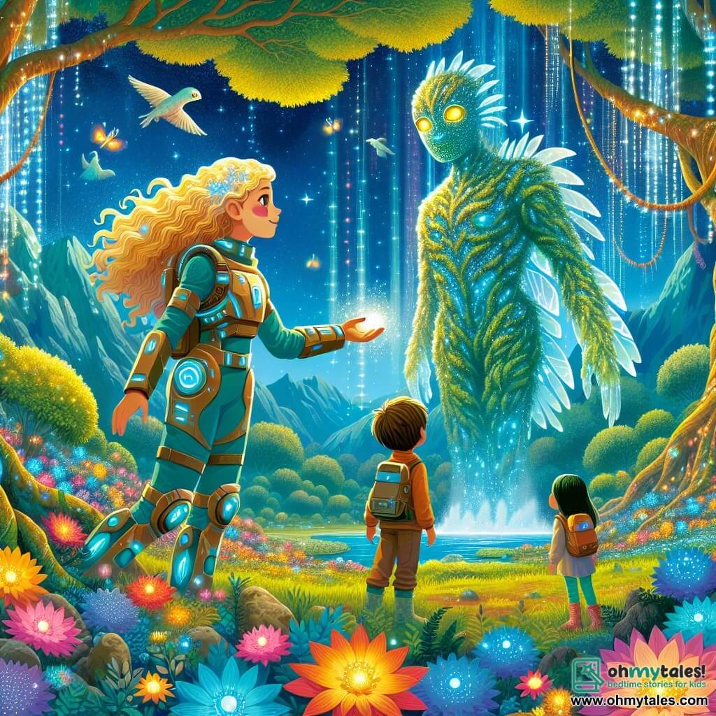 An illustration depicts a captivating scene on the planet Verdantia, where a lush forest is dotted with vibrant flowers, giant trees with shimmering trunks, and a deep blue sky scattered with fluffy clouds. In the center, a young woman with curly golden hair, dressed in a futuristic exploration suit, approaches a massive guardian with gleaming scales, standing majestically in a clearing, its golden eyes reflecting ancient wisdom. Beside her, two young explorers, a boy with brown hair and a girl with black hair, both around twelve years old, watch in awe, their faces illuminated by the magic of the moment. The woman extends her hand toward the guardian, symbolizing an exchange of respect and understanding between species. Luminescent creatures dance around them, adding a touch of magic to the atmosphere, while a sparkling waterfall cascades in the background, creating a fairy-tale ambiance.