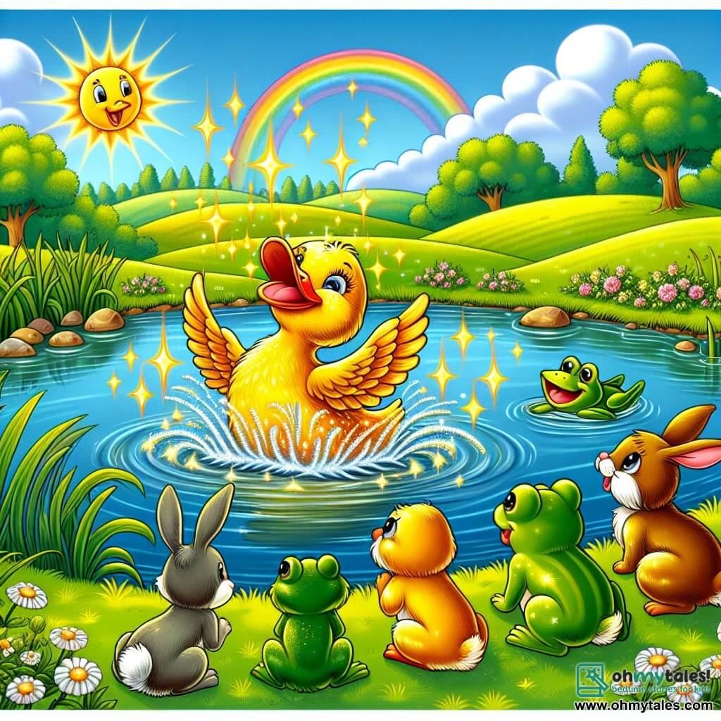 Une illustration sous forme de dessin destinée aux enfants représentant un charmant étang ensoleillé entouré de champs verdoyants, où un canard aux plumes dorées et brillantes danse joyeusement dans l'eau, créant des éclaboussures scintillantes, tandis qu'un groupe d'animaux curieux, dont un lapin aux grandes oreilles et un grenouille verte sautillante, l'observe avec émerveillement, capturant l'instant magique où le canard découvre sa propre talent en faisant des vagues étincelantes sous le regard admiratif de ses amis.