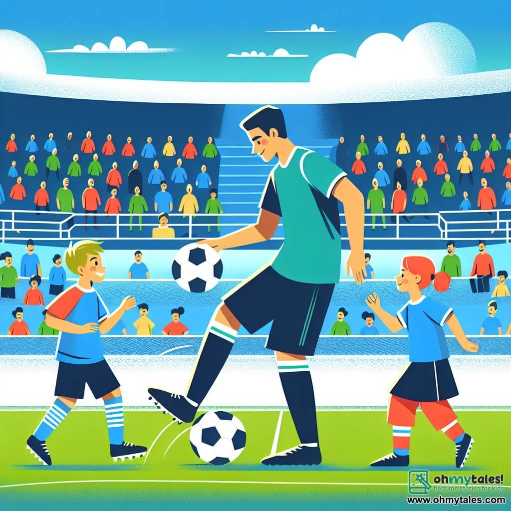Une illustration destinée aux enfants représentant une femme footballeuse professionnelle, enseignant des astuces de football à un garçon et une fille, dans un grand stade rempli de supporters colorés.