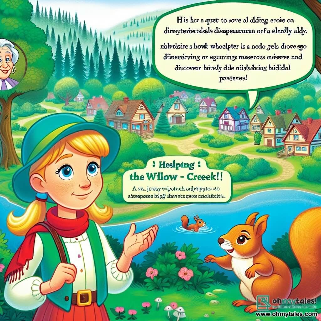 Une illustration destinée aux enfants représentant une fille curieuse et courageuse, enquêtant sur la mystérieuse disparition d'une vieille dame, accompagnée de malicieux écureuils, dans la paisible ville de Willow Creek, entourée d'une forêt luxuriante aux arbres majestueux et aux sentiers sinueux.