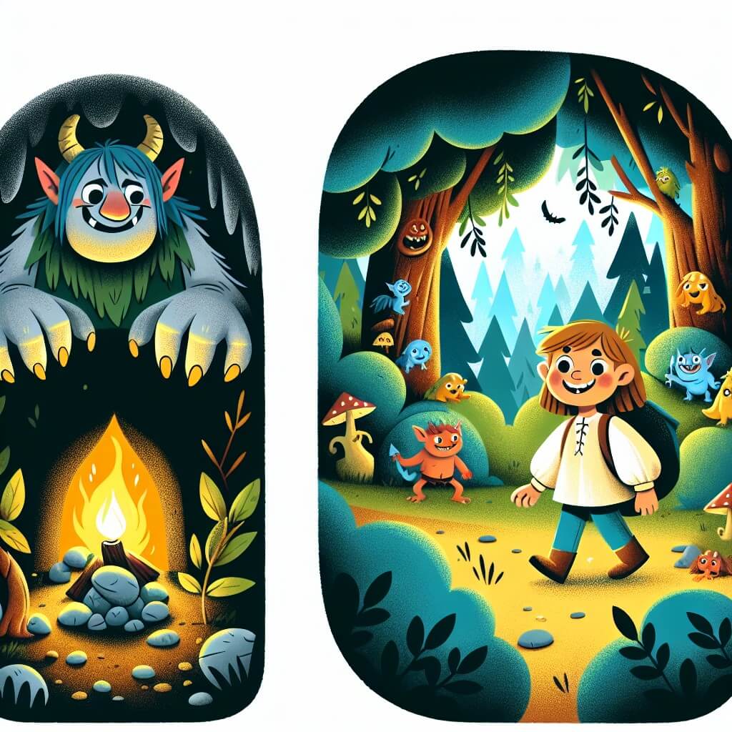 Une illustration destinée aux enfants représentant un troll malicieux, vivant dans une grotte sombre et mystérieuse, accompagné d'une petite fille courageuse qui explore un bois enchanté rempli de créatures fantastiques.