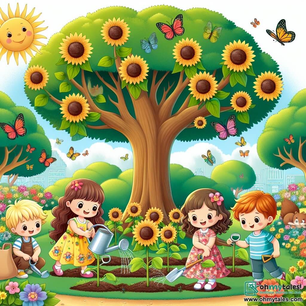 An illustration depicts a sunny park filled with colorful flowers and large green trees. At the center, a majestic oak provides shade while vibrant butterflies flutter around the flowers. Four children, two girls and two boys, are planting sunflower seeds. The first girl, five years old, has long brown hair and wears a yellow dress with floral patterns. She smiles joyfully while holding a small shovel. The second boy, also five, has messy blonde hair and wears a blue t-shirt. He waters the seeds with a small plastic watering can. The third girl, with curly brown hair and a pink skirt, kneels to add soil around the seeds, while the last boy, with chestnut hair, stands and watches the butterflies in awe. In the background, birds sing in the trees, and a curious little squirrel observes the children. Trash bags are placed nearby, reminding them of their park cleanup mission. The atmosphere is joyful and lively, illustrating the importance of caring for nature.