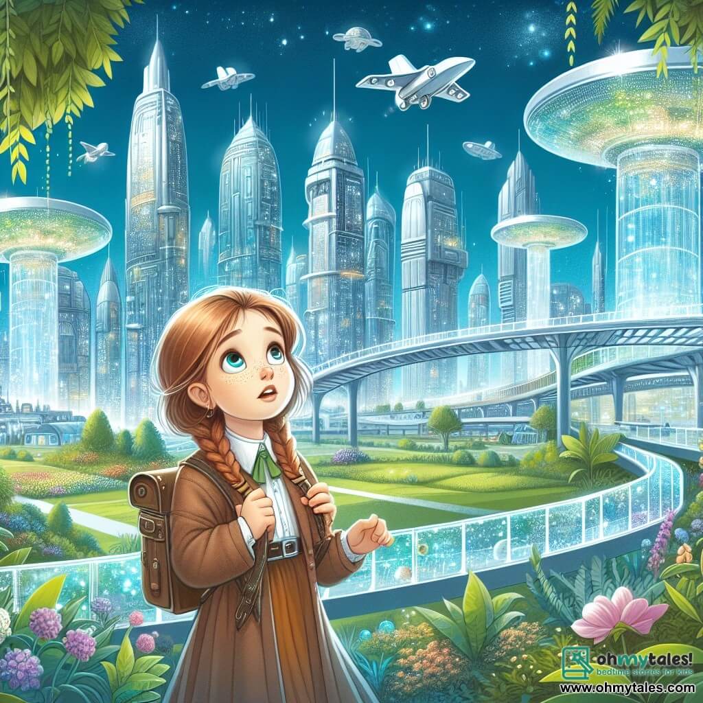 Une illustration destinée aux enfants représentant une jeune fille curieuse, plongée dans une aventure extraordinaire au cœur d'une ville futuriste où des gratte-ciel étincelants se mêlent harmonieusement à des parcs verdoyants, des passerelles transparentes suspendues dans les airs et des voitures volantes qui sillonnent le ciel.