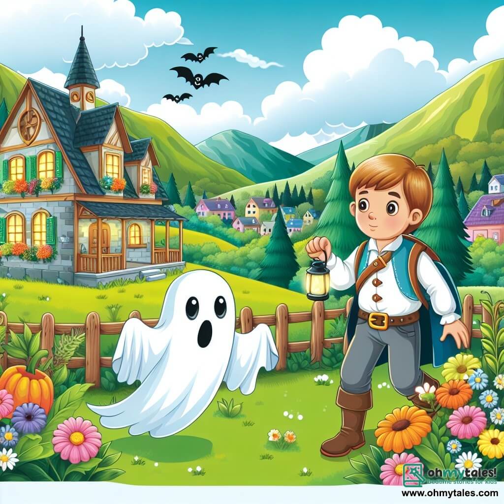 Une illustration destinée aux enfants représentant un fantôme curieux qui explore une maison hantée avec l'aide d'une jeune fille courageuse, dans un village pittoresque bordé de collines verdoyantes et de fleurs colorées.
