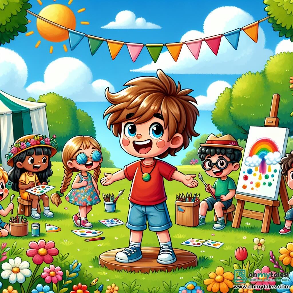 An illustration depicting an outdoor summer camp, with lush green trees, colorful flowers, and a large blue sky dotted with fluffy white clouds. In the center, a 7-year-old boy with messy brown hair and sparkling curious eyes stands on a small wooden stage, a big smile on his face. He wears a red t-shirt and blue shorts, holding a colorful sign that says "Equality Club" in cheerful letters. Surrounding him are several children participating in the event: an 8-year-old girl with long braided blonde hair in a floral dress, painting a large canvas on an easel; a 9-year-old boy with glasses and black hair, getting ready to kick a soccer ball; and another 7-year-old girl wearing sunglasses and a hat, laughing while holding a box of colored pencils. The scene exudes an atmosphere of joy and inclusion, with children from different backgrounds playing together and sharing activities. Colorful banners float above them, and laughter fills the air, symbolizing the spirit of equality and friendship that prevails at the camp.