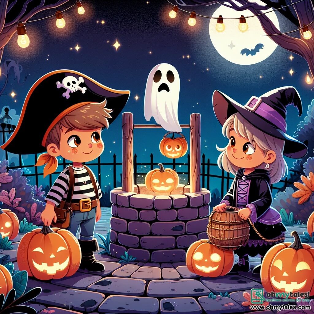 Une illustration destinée aux enfants représentant un jeune garçon déguisé en pirate, accompagné de sa grande sœur sorcière, explorant un parc sombre et mystérieux rempli de citrouilles lumineuses, alors qu'ils rencontrent un fantôme triste piégé dans un puits enchanté, le tout se déroulant dans une nuit d'Halloween magique et palpitante.