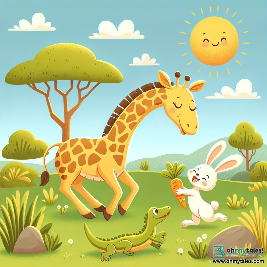 Une illustration sous forme de dessin destinée aux enfants représentant une savane ensoleillée avec des herbes hautes et des arbres éparpillés, où une girafe au long cou et aux taches dorées se penche joyeusement pour attraper une carotte orange qui roule, tandis qu'un petit lapin aux grandes oreilles et à la fourrure blanche saute autour d'elle en riant, et une lézarde verte se prélasse sur une pierre, observant la scène avec un sourire, le tout évoquant une atmosphère de camaraderie et d'aventure amusante entre amis animaux.