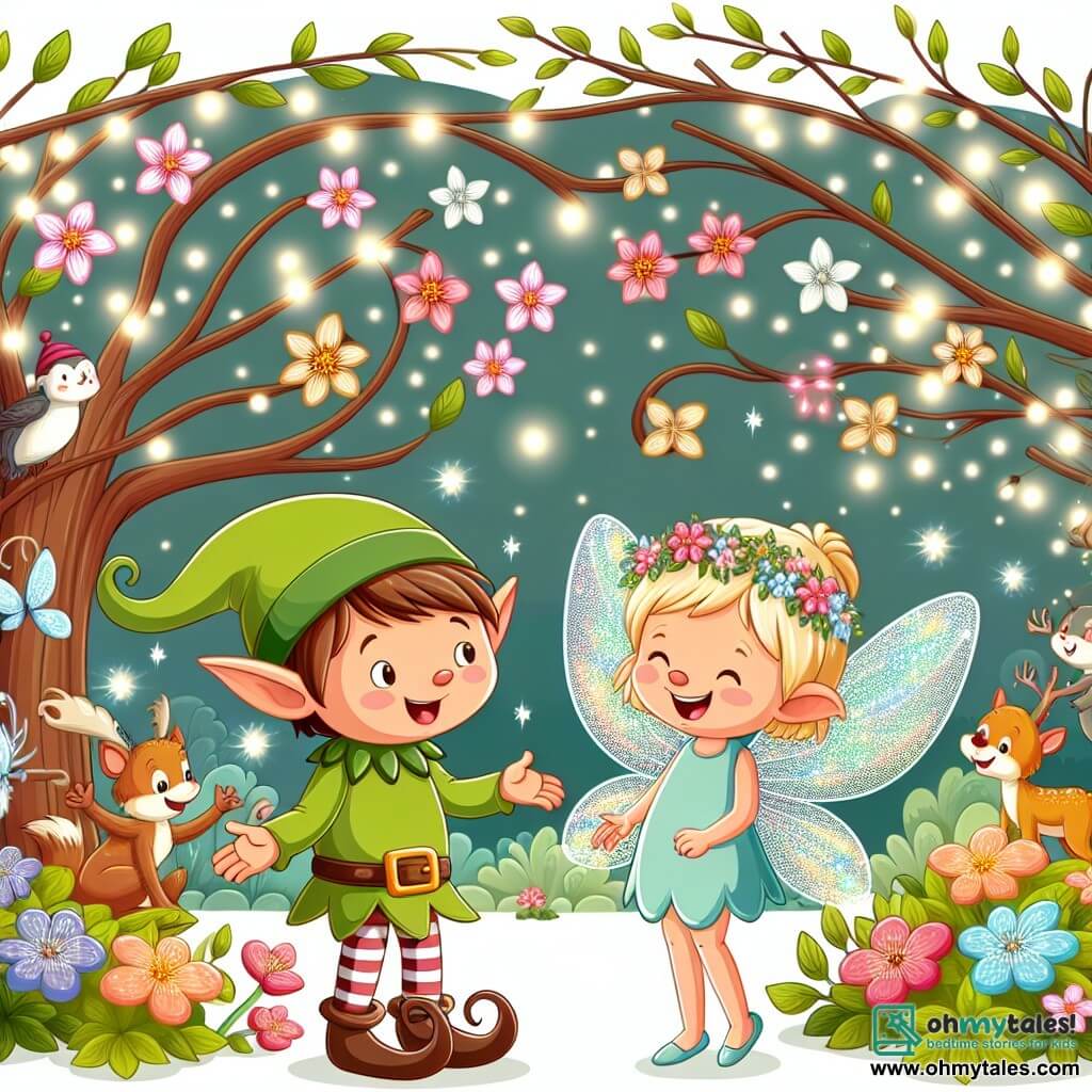 Une illustration destinée aux enfants représentant un lutin espiègle, se trouvant dans une forêt enchantée remplie de fleurs lumineuses, d'arbres aux branches tordues et d'animaux qui parlent, faisant la rencontre d'une fée joyeuse aux ailes scintillantes.
