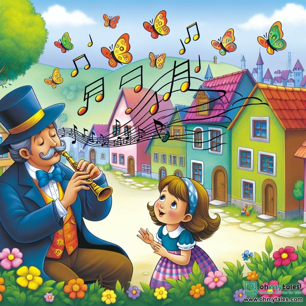 Une illustration destinée aux enfants représentant un homme au talent musical exceptionnel, partageant ses mélodies magiques avec une jeune fille curieuse, dans la ville animée de Harmonia, où les notes flottent comme des papillons colorés parmi les maisons aux toits rouges et les arbres verdoyants.