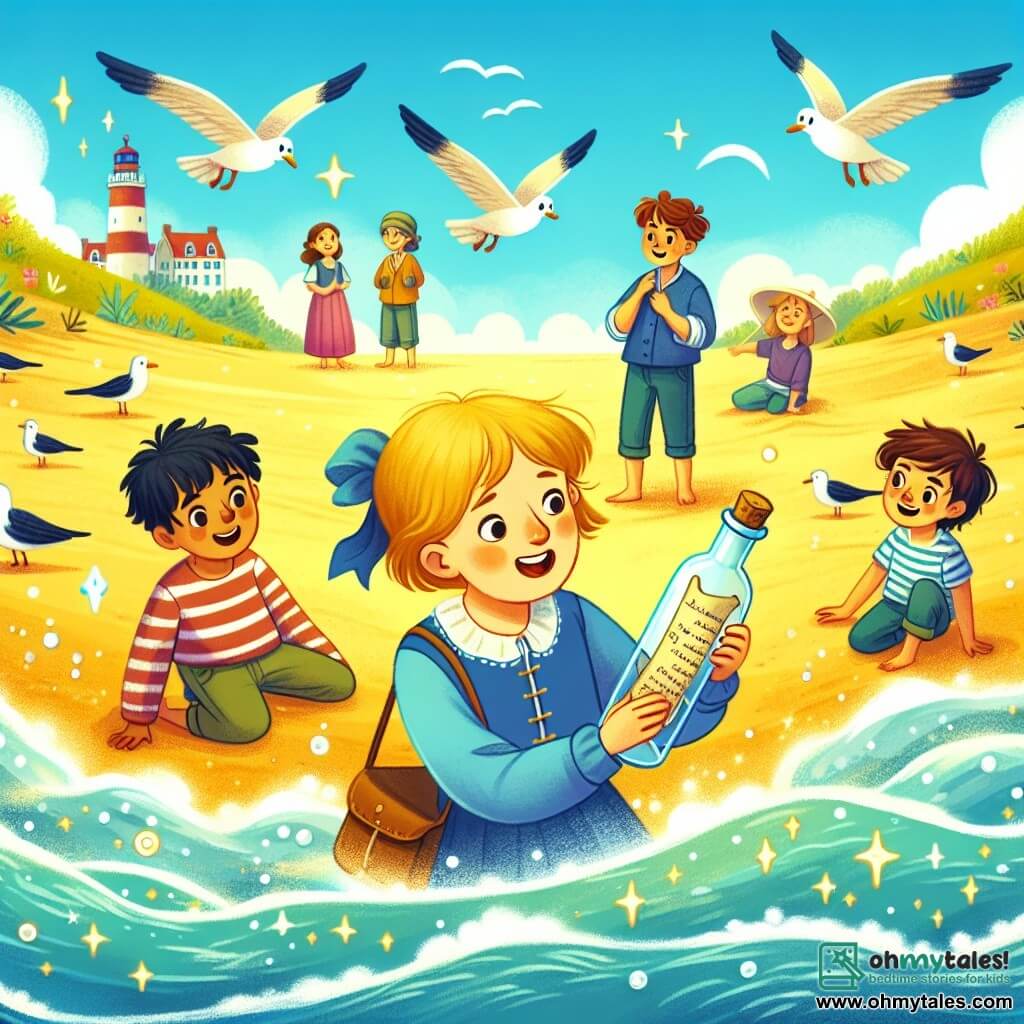 Une illustration destinée aux enfants représentant une jeune fille intrépide découvrant un message dans une bouteille sur une plage ensoleillée, accompagnée de ses amis garçons et filles, entourée par le sable doré et les vagues scintillantes de la petite ville côtière de Seaview, où les mouettes dansent dans le ciel azur.