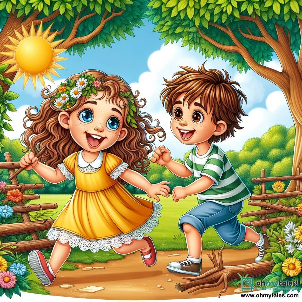 Une illustration sous forme de dessin destinée aux enfants représentant un parc ensoleillé avec des arbres verdoyants et des fleurs colorées, où une petite fille de 8 ans aux cheveux châtains bouclés et aux yeux bleus pétillants, vêtue d'une robe jaune, joue joyeusement avec un garçon de son âge aux cheveux bruns en bataille et aux yeux marron, tous deux riant et courant ensemble, illustrant leur amitié et leur esprit de solidarité alors qu'ils s'amusent à construire un fort en utilisant des branches et des feuilles, symbolisant la joie et l'innocence malgré les défis de la vie.