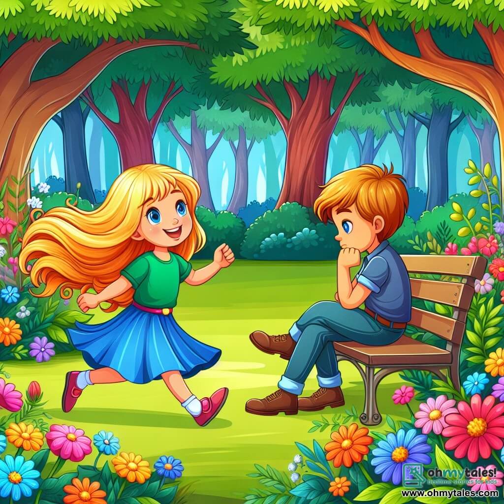 Une illustration destinée aux enfants représentant une jeune fille pleine de vie, avec des cheveux dorés qui rebondissent à chaque pas, qui rencontre un garçon solitaire sur un banc dans un parc verdoyant entouré de fleurs colorées et d'arbres majestueux.