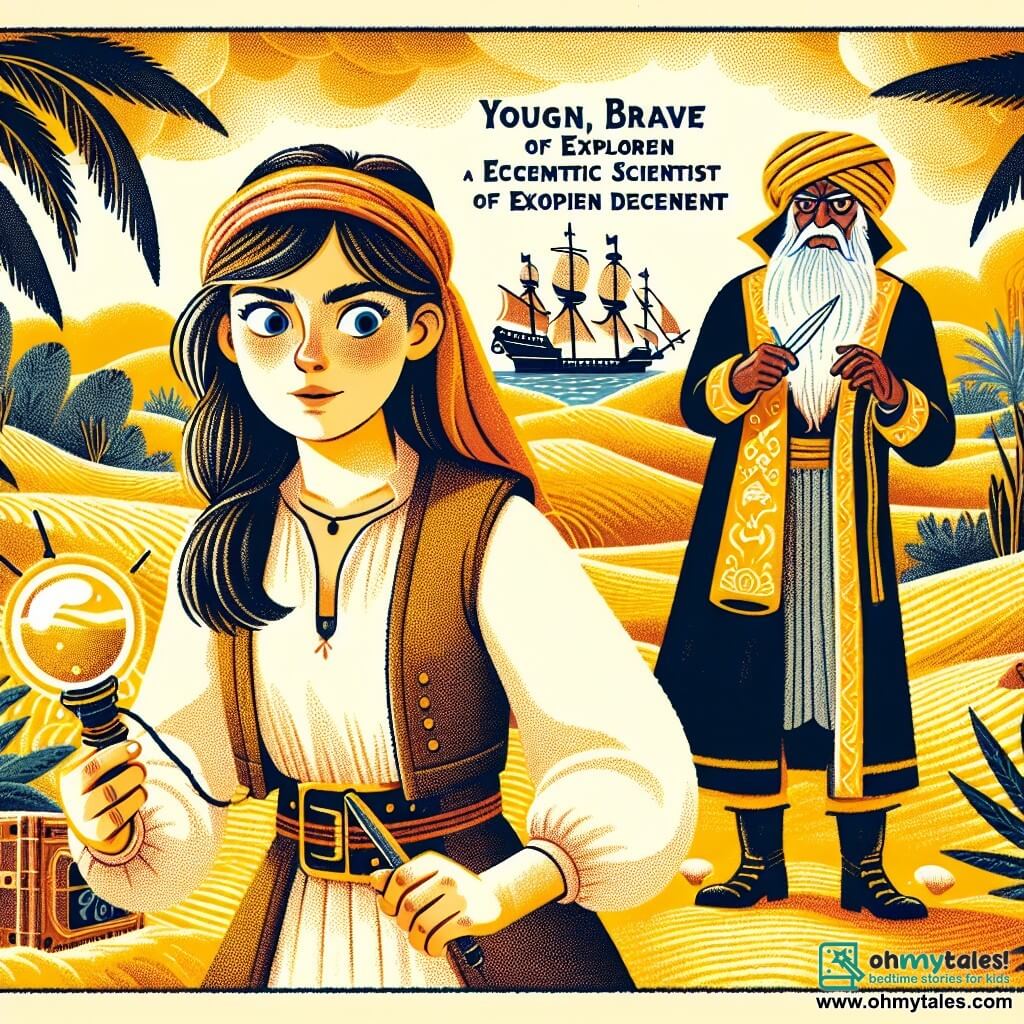 Une illustration destinée aux enfants représentant une jeune exploratrice courageuse se retrouvant piégée dans un oasis mystérieux, accompagnée d'un savant excentrique, face à un capitaine malveillant, dans un désert scintillant de sable doré et de végétation luxuriante.
