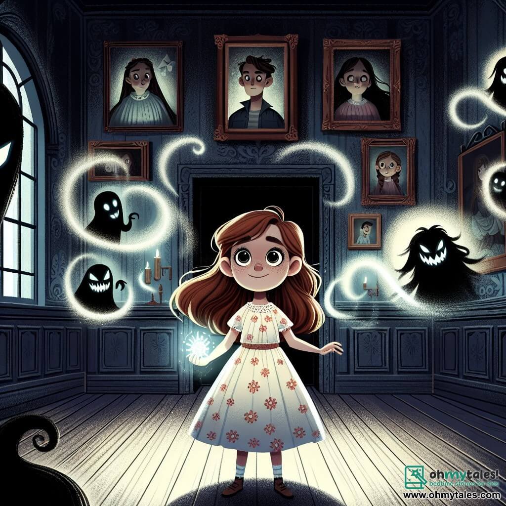 Une illustration sous forme de dessin destinée aux enfants représentant l'intérieur d'un vieux manoir sombre et mystérieux, avec des murs ornés de portraits aux visages inquiétants, où une fille de 11 ans aux cheveux châtains et aux yeux pétillants, vêtue d'une robe d'été, se tient courageusement au centre de la pièce, tenant un pendentif lumineux dans sa main, tandis qu'autour d'elle, des ombres tourbillonnent et prennent la forme de silhouettes inquiétantes, symbolisant les peurs qu'elle doit affronter pour libérer des enfants perdus, créant une atmosphère à la fois effrayante et pleine d'espoir.