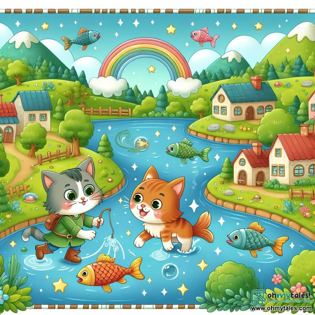 Une illustration destinée aux enfants représentant un chat curieux et aventurier se lançant dans une quête pour attraper un poisson magique dans une petite ville animée, entourée de collines verdoyantes et d'une rivière étincelante.