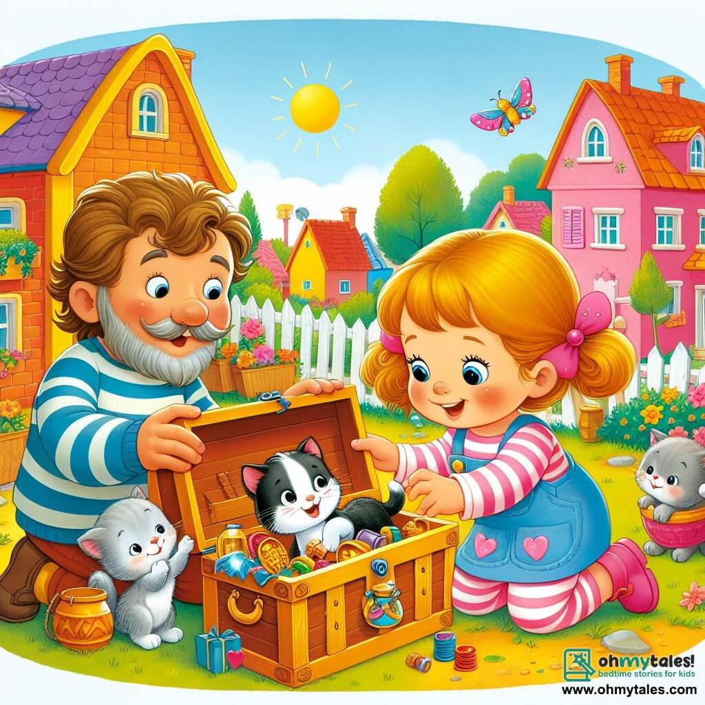 Une illustration destinée aux enfants représentant une fillette pleine de vie préparant une chasse au trésor pour son papa, avec l'aide complice de son chaton, dans une maison colorée et chaleureuse de la petite ville ensoleillée de Sunnyville.