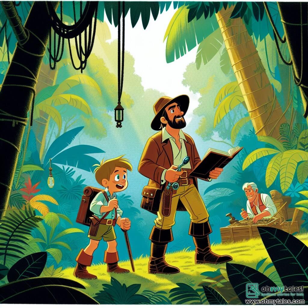 Une illustration destinée aux enfants représentant un homme passionné d'aventure et d'histoire, accompagné d'un garçon curieux, explorant un site archéologique en plein cœur de la jungle luxuriante de Brightsville, remplie de mystères et de trésors cachés.