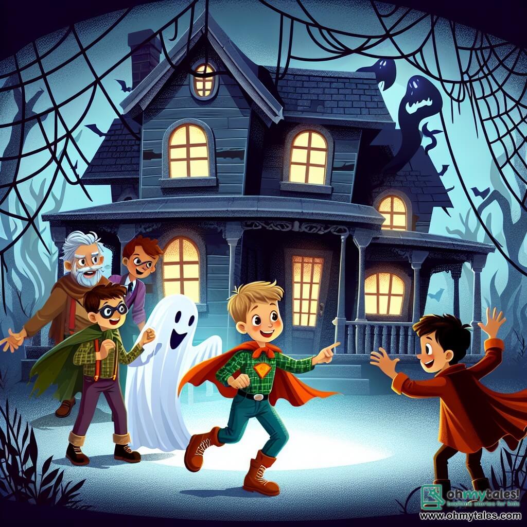Une illustration destinée aux enfants représentant un garçon déguisé en super-héros, explorant une maison hantée avec ses amis, rencontrant un fantôme amical dans une vieille maison sombre et couverte de toiles d'araignée à l'aspect menaçant.
