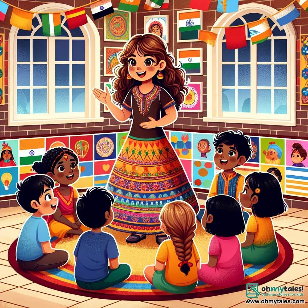 Une illustration sous forme de dessin destinée aux enfants représentant l'intérieur coloré et accueillant d'un centre culturel, où une fille de 11 ans aux cheveux bouclés et bruns, vêtue d'une robe vibrante, raconte des histoires à un groupe d'enfants assis en cercle autour d'elle, parmi lesquels un garçon d'origine indienne aux cheveux noirs et une fille d'origine africaine aux tresses, tous captivés par les récits sur la diversité et les traditions culturelles, avec des affiches colorées sur les murs illustrant différentes cultures et un coin de la pièce décoré de drapeaux du monde entier.