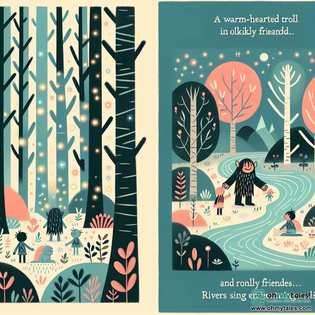 Une illustration destinée aux enfants représentant un troll au grand cœur rencontrant des amis improbables dans une forêt enchantée, où les arbres semblent danser sous la lumière douce des lucioles et les rivières chantent des mélodies enchanteresses.