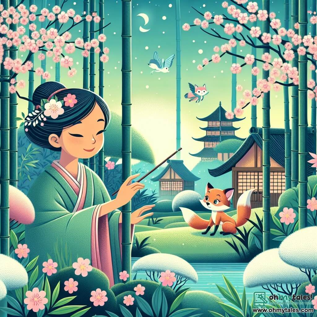 Une illustration destinée aux enfants représentant une femme au doux visage, entourée de cerisiers en fleurs, découvrant un renard magique pris au piège, dans un paisible village japonais niché au cœur d'une forêt de bambous enchantée.