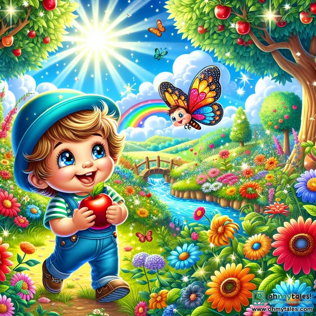 Illustration destinée aux enfants représentant un jardin magique, rempli de fleurs colorées qui dansent sous une douce brise, avec des arbres aux troncs épais et des feuilles brillantes, et un ciel d’un bleu éclatant parsemé de nuages moelleux. Au centre, un petit garçon de 1 an, avec des cheveux bruns en désordre, portant un chapeau bleu vif, sourit joyeusement en tenant une pomme rouge brillante dans ses petites mains. À ses côtés, une jolie petite papillon aux ailes multicolores, avec des motifs scintillants, vole autour de lui, l’invitant à explorer. La scène capture l’instant où le garçon découvre le jardin magique, entouré de fleurs éclatantes et d’un ruisseau scintillant, tandis que des rayons de soleil illuminent son visage émerveillé.