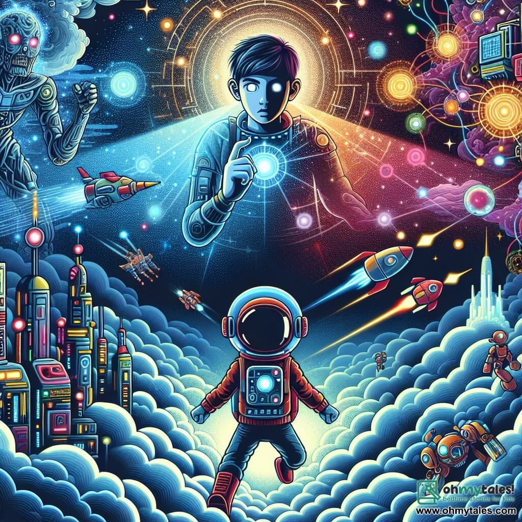 Une illustration destinée aux enfants représentant un vaillant astronaute (garçon) affrontant un gardien cosmique mystérieux, dans un monde futuriste où des cités flottent parmi les nuages, illuminées par des cristaux d'énergie colorés, et des robots zippent autour en accomplissant des tâches avec précision et rapidité.