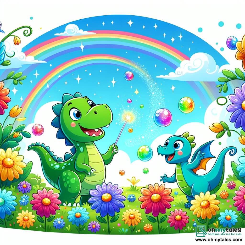 An illustration depicting an enchanted garden, filled with colorful flowers dancing in the gentle breeze. In the center, a small green dinosaur, about 5 years old, with a big smile and a shiny tail, waves a sparkling magic wand. Beside it, a joyful dragon of the same size, with sky-blue scales and small wings, laughs while trying to catch the multicolored bubbles floating around them. Brightly colored flowers swirl and transform into jumping frogs, creating a playful and magical atmosphere. The sky is a bright blue, dotted with fluffy clouds, and the ground is covered in green grass and colorful petals.