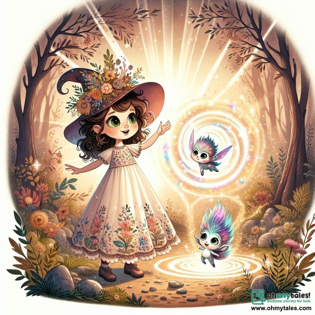 Une illustration sous forme de dessin destinée aux enfants représentant une clairière enchantée au cœur d'une forêt magique, où une jeune fille aux cheveux bouclés et aux yeux verts, vêtue d'une robe de sorcière ornée de motifs floraux, s'entraîne à canaliser sa magie en levant les bras vers un vortex lumineux, tandis qu'un petit sprite aux poils irisés et aux grands yeux ronds, espiègle et joyeux, virevolte autour d'elle, créant des éclats de lumière, alors qu'une aura de mystère et d'aventure flotte dans l'air, symbolisant la découverte de ses pouvoirs d'apprentie sorcière.