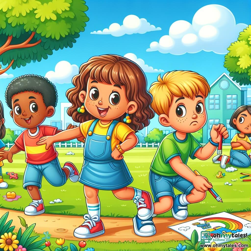 An illustration depicting a lively schoolyard with lush trees and a bright blue sky. In the center, a 7-year-old girl with curly brown hair, wearing a yellow t-shirt and denim shorts, smiles while playing "Rainbow Tag." She is full of energy and enthusiasm, running towards a new friend. Next to her, a 7-year-old boy with brown skin and short hair is drawing a spaceship on a piece of paper, looking focused but a bit sad. Further away, an 8-year-old boy with blonde hair and freckles stands back with his arms crossed, displaying a look of discontent. The scene captures a moment of play and inclusion, with children from different ethnic backgrounds interacting, symbolizing the importance of friendship and respect. Colorful flowers and scattered toys add a cheerful touch to the environment, while a school sign in the background reads "Maplewood Elementary."