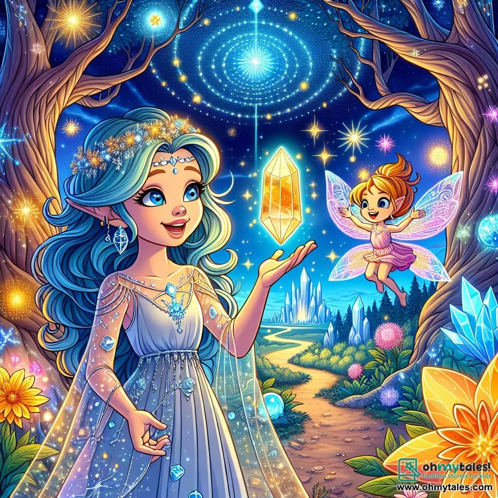 An illustration depicts a fairy-tale landscape on the planet Mystara, where shimmering-trunked trees rise towards a starry sky illuminated by brightly colored stars. Luminescent flowers line a winding path, and a large shining crystal, the heart of Mystara, emits a soft golden light at the center of the scene. 

In the foreground, a young woman with long, wavy, bright blue hair wears a silver tunic adorned with star patterns. She has sparkling eyes of curiosity and a radiant smile. Confidently, she holds glowing crystals in her hands, gazing in wonder at the central crystal. 

Beside her, a small fairy with translucent, shimmering wings, about 10 years old, joyfully flies. She has golden hair and wears a dress made of flower petals. She gestures enthusiastically, pointing at the crystal as if explaining something important. 

In the background, magical creatures, such as pointy-eared elves and friendly robots, bustle around the crystal, adding life to this enchanting scene. The atmosphere is filled with vibrant colors and light, symbolizing the magic and harmony of this fantastical world.