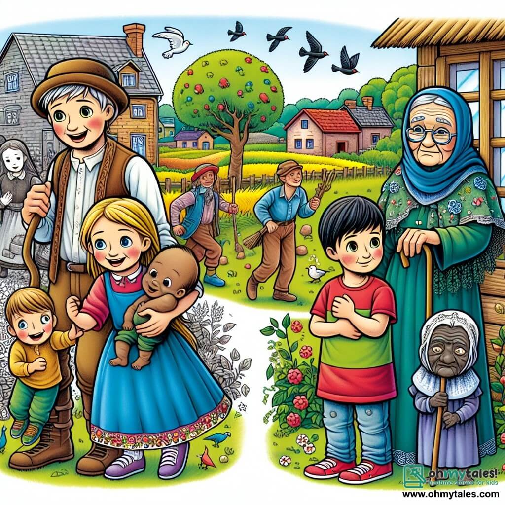Une illustration destinée aux enfants représentant un garçon au cœur généreux, une famille en difficulté, une vieille dame solitaire et un village pittoresque entouré de champs verdoyants et d'oiseaux chantants.