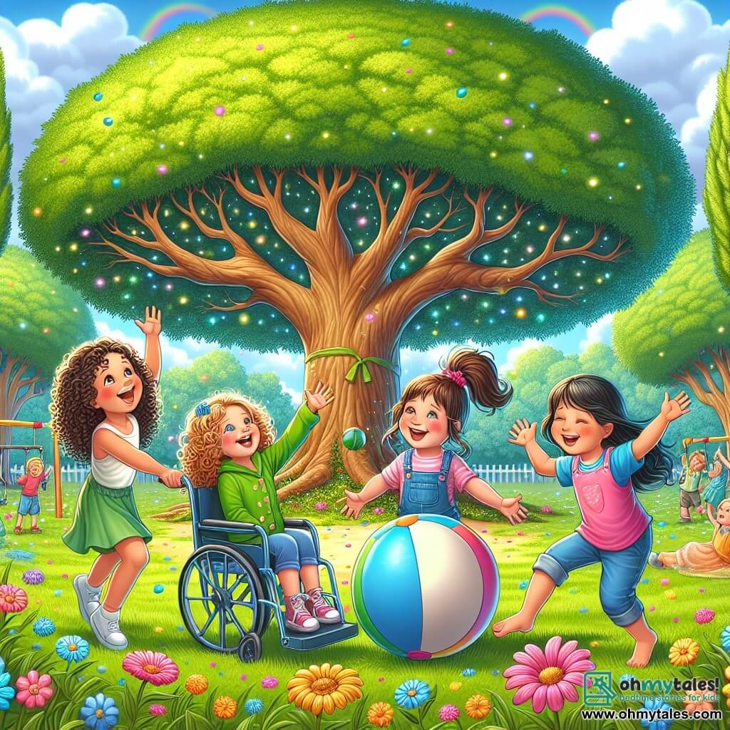 An illustration depicts a lush park under a cloudy sky, featuring majestic trees with vibrant green leaves and colorful flowers scattered on the grass. In the center, four children are gathered: an 8-year-old girl with curly brown hair wearing a bright yellow raincoat, laughing as she throws a colorful beach ball; a 9-year-old girl with long blonde hair and a pink ribbon, getting ready to catch the ball; an 8-year-old girl with black hair sitting in a blue wheelchair, smiling joyfully while encouraging her friends; and finally, a 9-year-old girl with chestnut hair, jumping for joy with her arms raised. The main scene shows the children playing together under a large oak tree, with glistening raindrops on the leaves, while a rainbow begins to appear in the sky, symbolizing their friendship and shared joy.