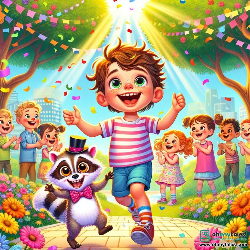 An illustration for children depicting a sunny park in Wigglyville, filled with colorful flowers dancing in the wind, and majestic trees with bright green leaves. In the center, a 7-year-old boy with messy brown hair and a big smile wears a striped t-shirt and blue shorts. He is joyfully dancing with his arms raised, alongside a small pink raccoon dressed in a bow tie and a top hat, performing fun dance moves. In the background, children of various ages, including an 8-year-old girl with pigtails and a floral t-shirt, are clapping and laughing, captivated by the performance. The scene is filled with colorful confetti floating in the air, adding a festive touch to this joyful dance.