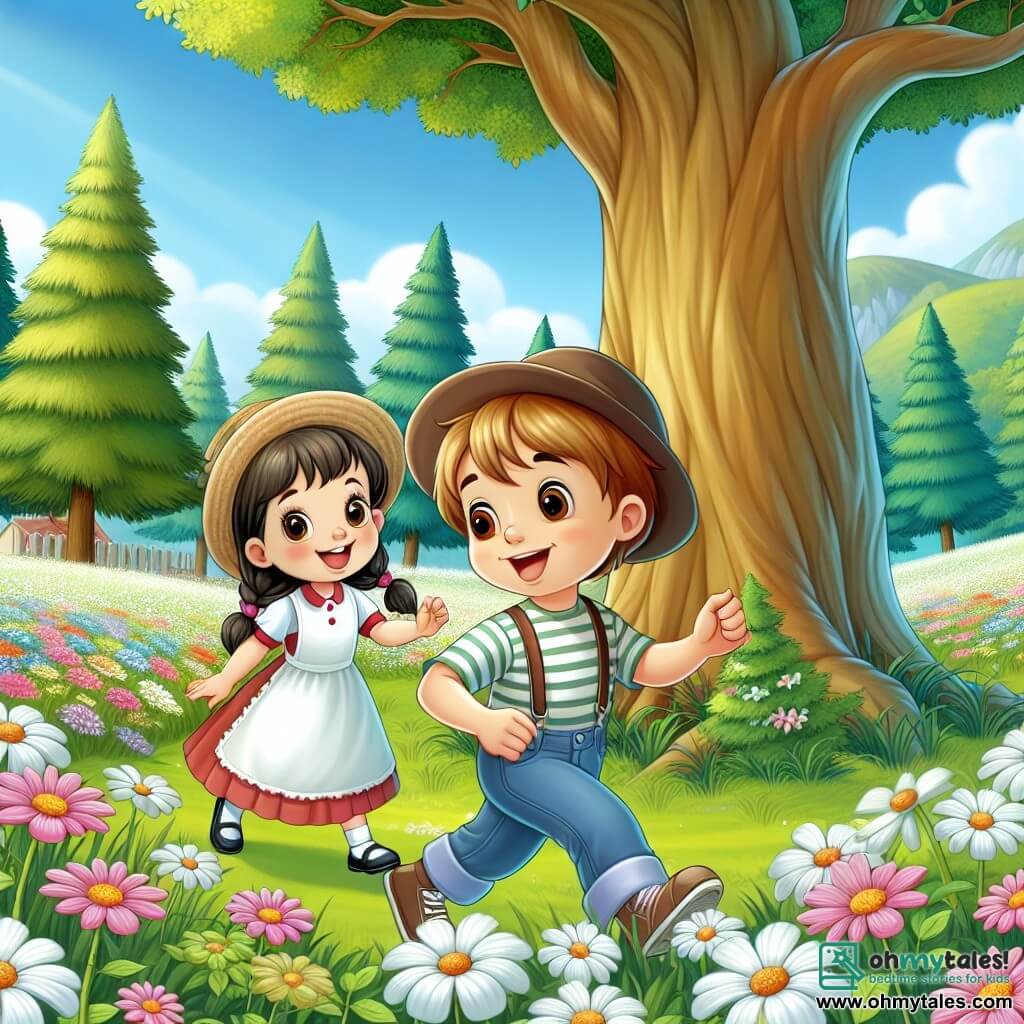 Une illustration destinée aux enfants représentant un jeune garçon curieux et plein de vie, qui découvre une amitié précieuse avec une fille du même âge, tandis qu'ils explorent ensemble une magnifique prairie fleurie entourée d'arbres majestueux.