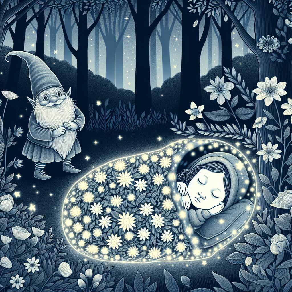 Une illustration destinée aux enfants représentant une jeune fille endormie, enveloppée dans un cocon de fleurs lumineuses, tandis qu'un gnome malicieux observe, aux abords d'une forêt enchantée où les arbres semblent danser au rythme des étoiles.