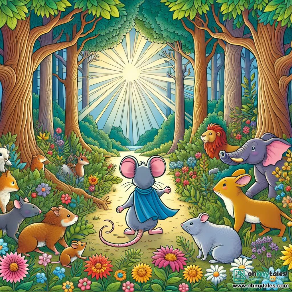 Une illustration destinée aux enfants représentant une petite souris intrépide, entourée de ses amis animaux, explorant une forêt enchantée remplie de grands arbres majestueux, de fleurs colorées et de rayons de soleil qui filtrent à travers le feuillage.