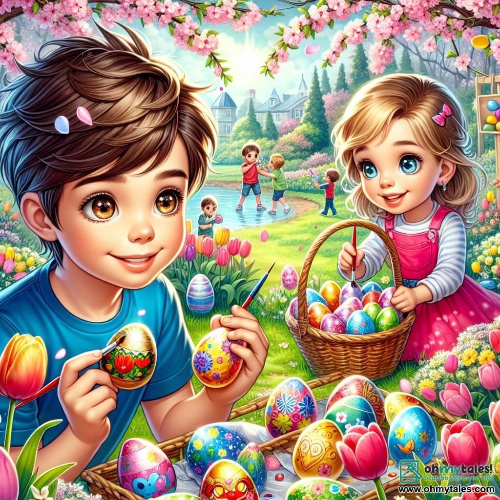 Une illustration sous forme de dessin destinée aux enfants représentant un parc coloré en pleine floraison, avec des tulipes et des cerisiers en fleurs, où un garçon de 9 ans aux cheveux bruns et aux yeux pétillants, vêtu d'un t-shirt bleu et d'un short, est en train de peindre des œufs de Pâques brillants et décorés, tandis qu'une petite fille de 5 ans aux cheveux blonds, portant une robe rose, l'observe avec émerveillement en tenant un panier rempli d'œufs colorés, le tout dans une atmosphère joyeuse et magique, symbolisant l'excitation d'une chasse aux œufs de Pâques.