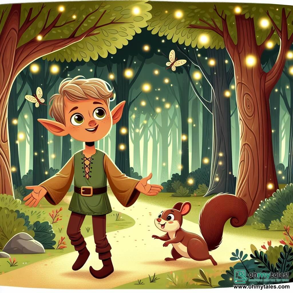 Une illustration destinée aux enfants représentant un lutin malicieux, perdu dans une forêt enchantée, accompagné d'un adorable écureuil, dans un lieu où les arbres dansent au rythme d'une douce mélodie céleste, tandis que des lucioles illuminent le chemin magique.