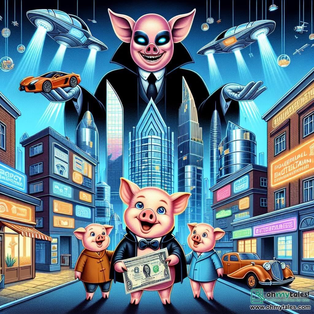 Une illustration destinée aux enfants représentant un adorable petit cochon, vivant dans une ville futuriste remplie de gratte-ciel étincelants et de voitures volantes, accompagné de ses deux frères et d'un méchant promoteur immobilier, dans un quartier entouré de bâtiments modernes et de panneaux publicitaires holographiques.