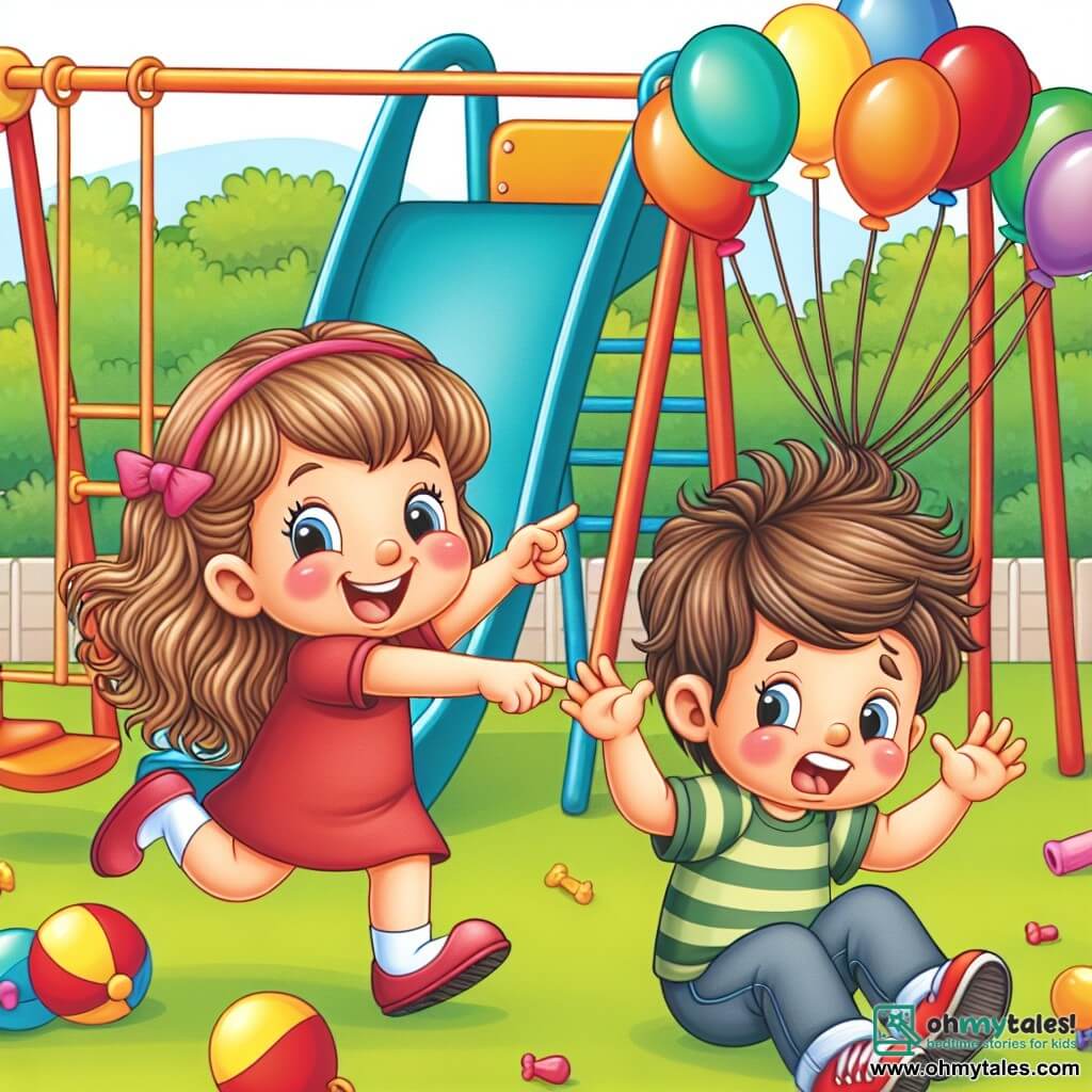 Une illustration destinée aux enfants représentant une petite fille espiègle en train de jouer des tours à son meilleur ami, un garçon maladroit aux cheveux ébouriffés, dans une cour d'école colorée avec des balançoires, des toboggans et des ballons multicolores.