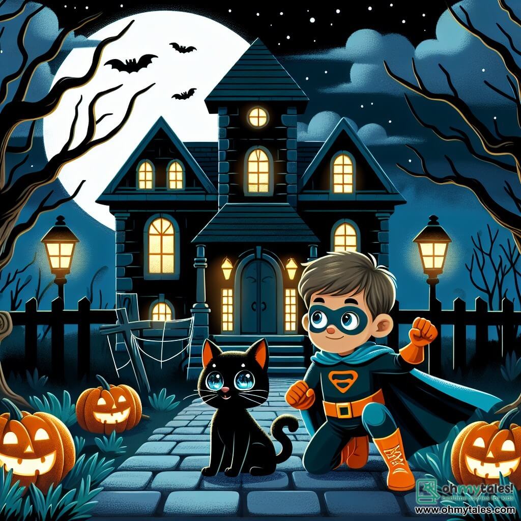 Une illustration destinée aux enfants représentant un jeune garçon plein d'audace, vêtu d'un costume de super-héros, qui explore une ancienne maison hantée lors d'une nuit d'Halloween, accompagné de son fidèle compagnon, un chat noir aux yeux étincelants, dans un décor sinistre et mystérieux, avec des arbres dénudés et des citrouilles illuminées qui bordent la route sombre de la petite ville de Spooksville.