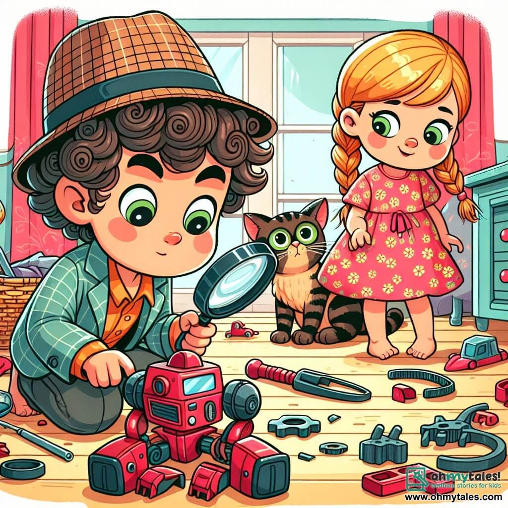 Une illustration sous forme de dessin destinée aux enfants représentant une chambre colorée et en désordre, avec un garçon de 5 ans aux cheveux bruns et bouclés, portant une casquette de détective et tenant une loupe, en train de scruter le sol à la recherche de son robot rouge, tandis que sa petite sœur aux cheveux blonds et tressés, vêtue d'une robe à fleurs, l'observe avec curiosité, et leur chat aux yeux verts, aux poils tigrés, est assis à côté d'eux, l'air coupable, entouré de pièces éparpillées du robot, illustrant l'aventure d'un petit enquêteur résolvant le mystère de son jouet disparu.